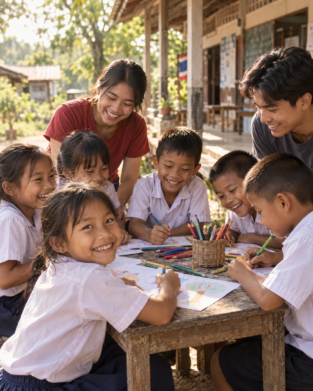 AI illustration: Thai children drawing together with volunteers outdoors