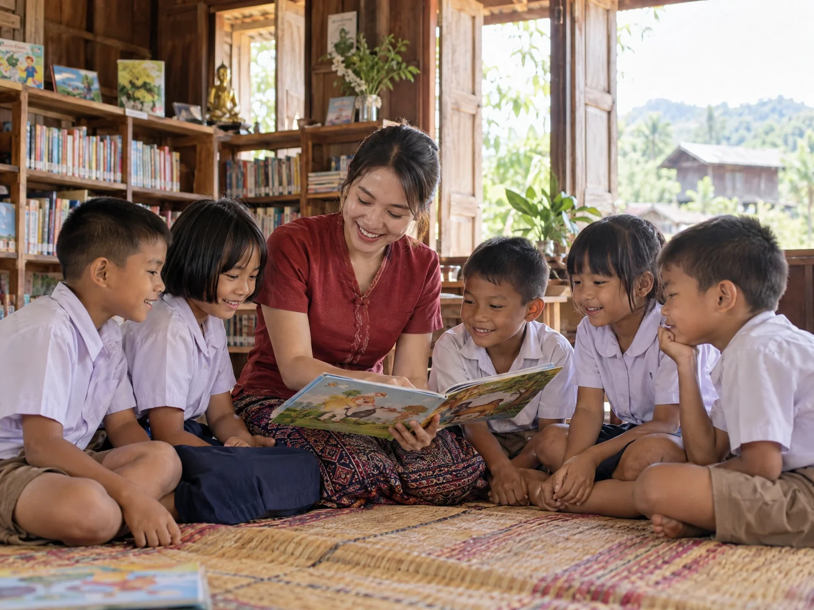 AI illustration: Children and a volunteer reading in a circle