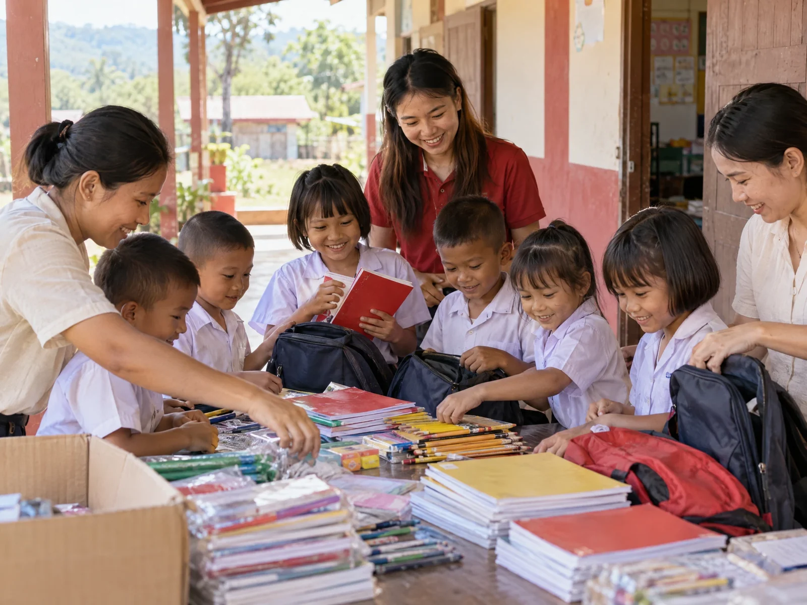 AI illustration: Children and volunteers preparing school supplies