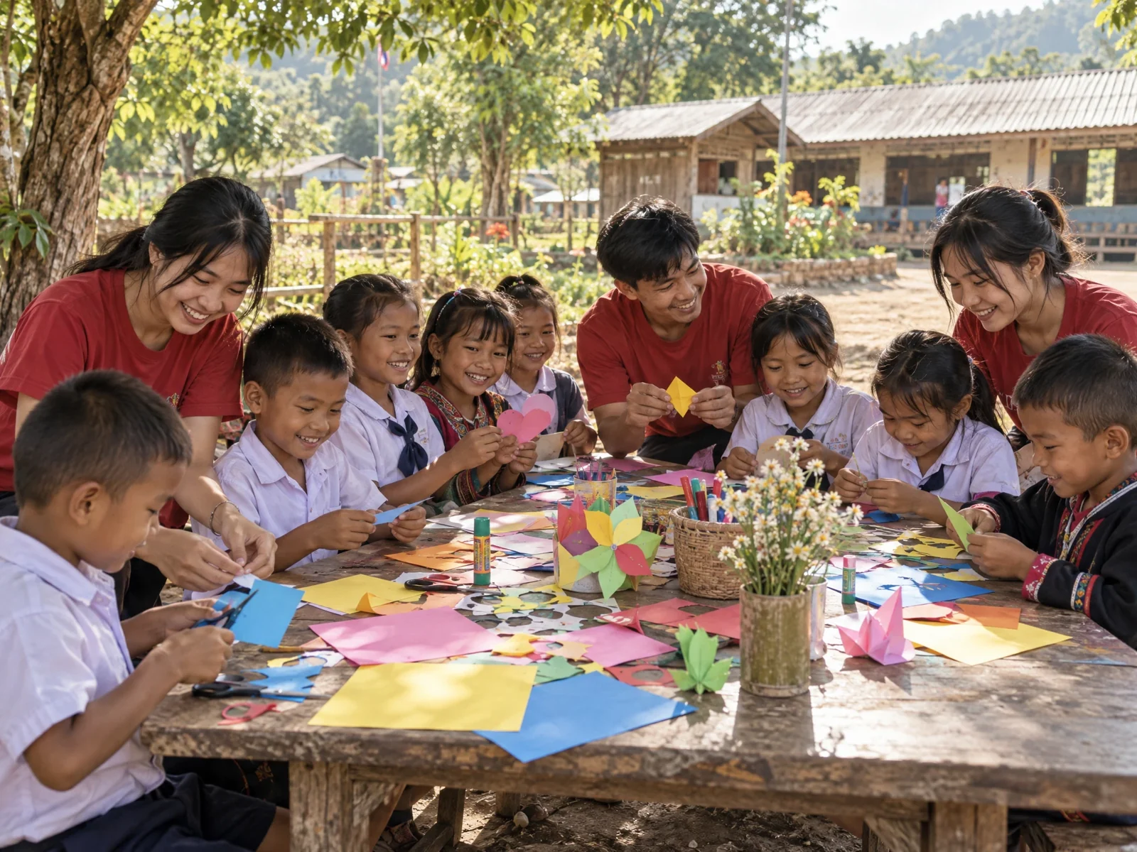 AI illustration: Children making paper art with volunteers