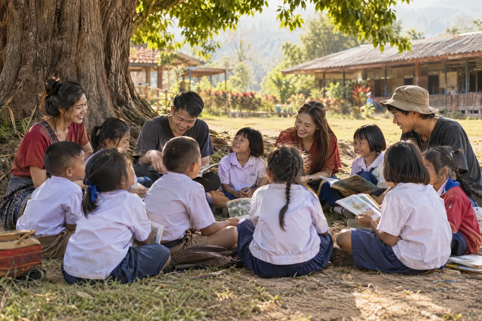 AI illustration: Children and volunteers gathering beneath a tree