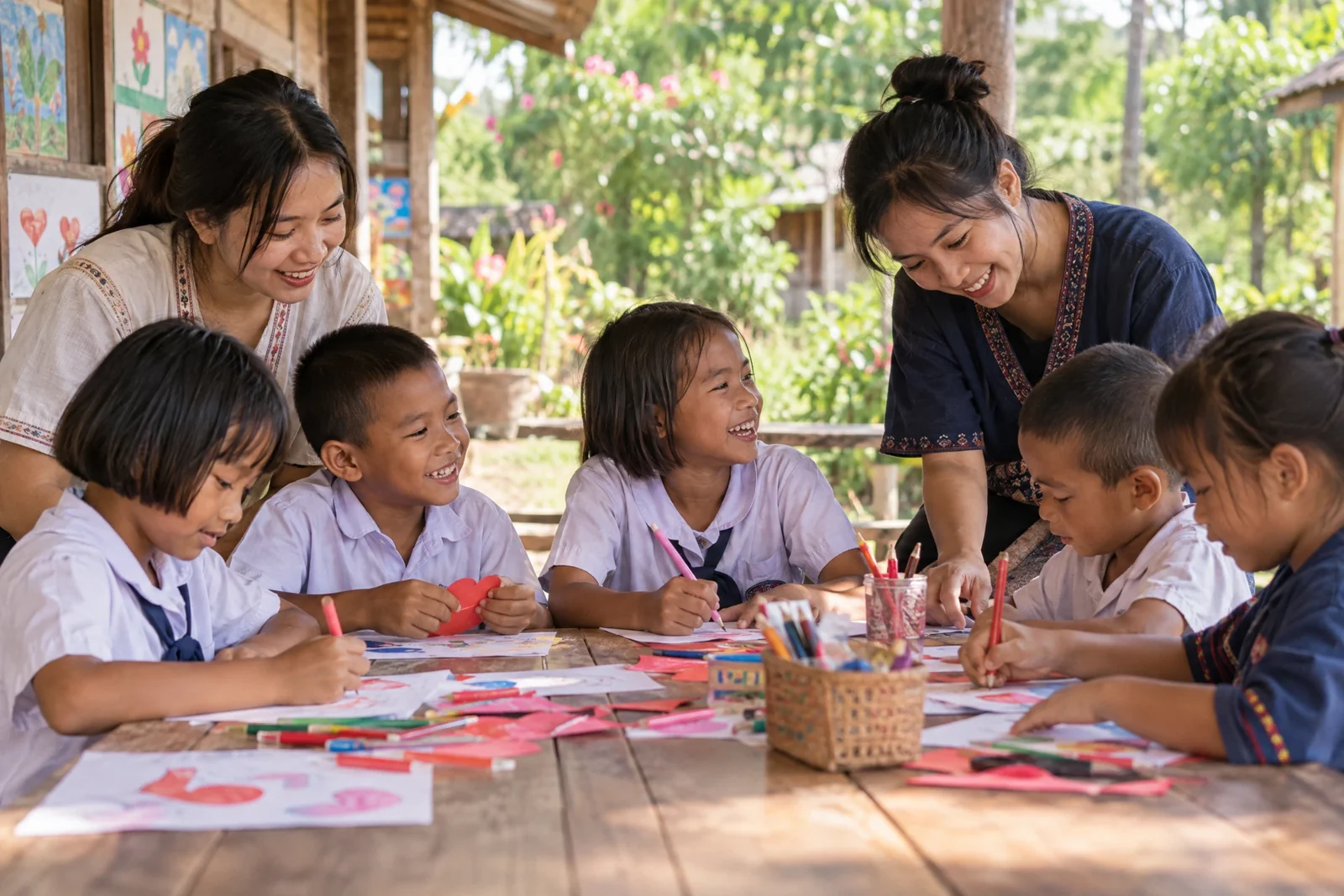 AI illustration: Children creating art at a shared classroom table