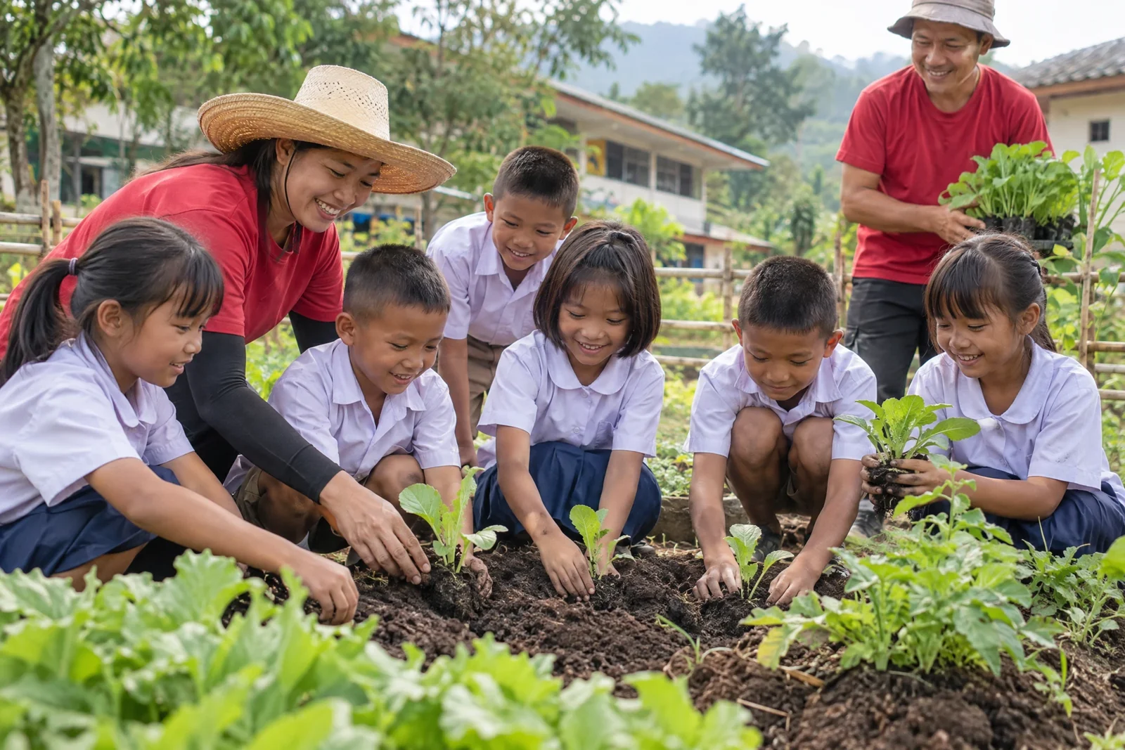 AI illustration: Children planting seedlings together in a school garden