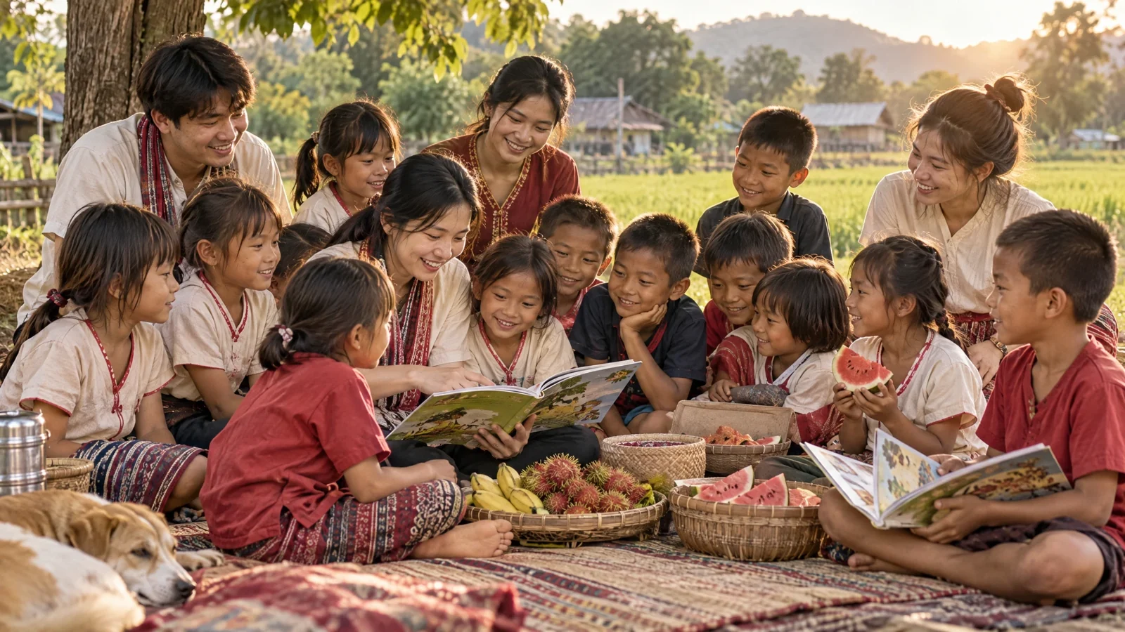 AI illustration: Children and volunteers sharing books at a community gathering