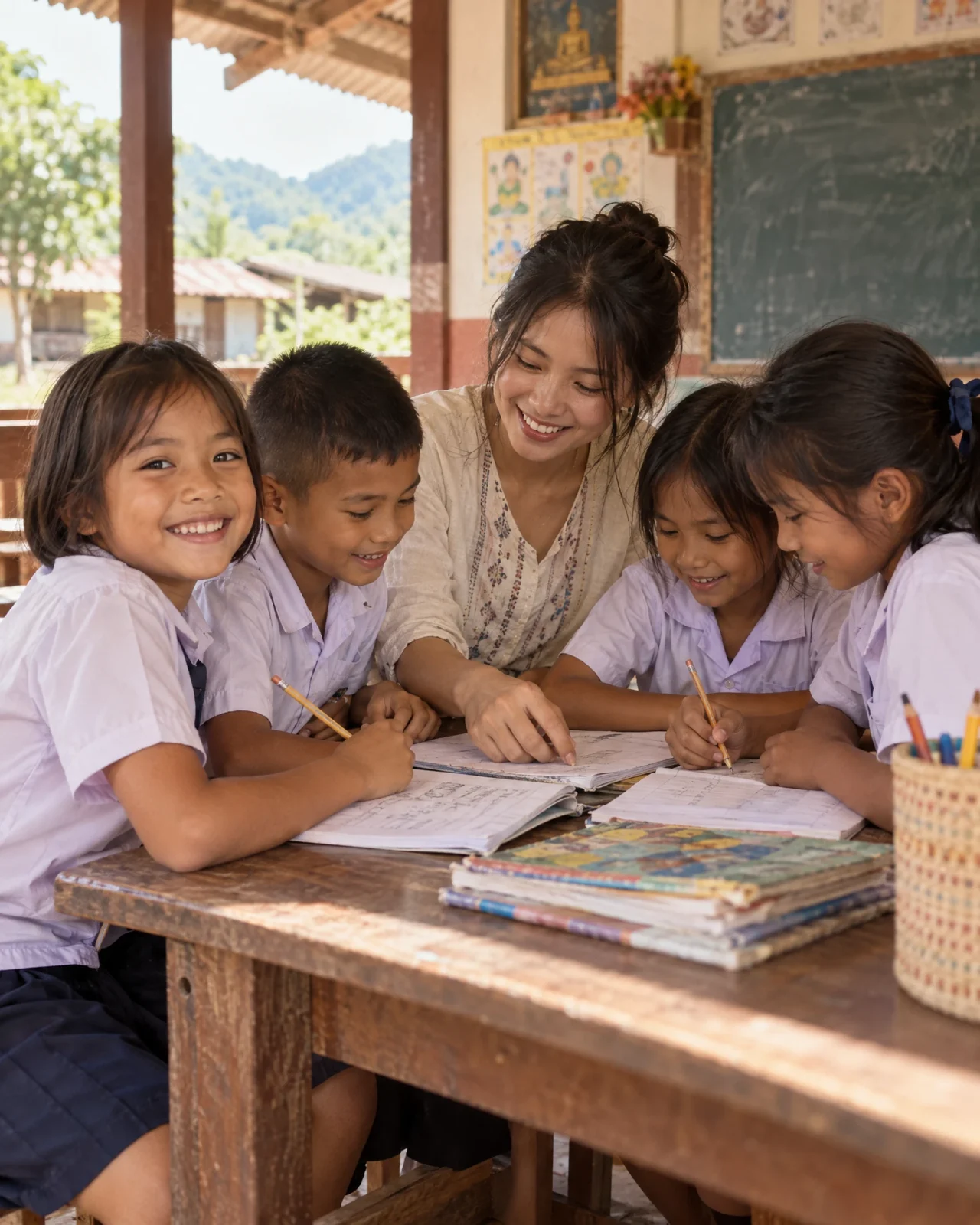 AI illustration: A girl learning with friends and a volunteer